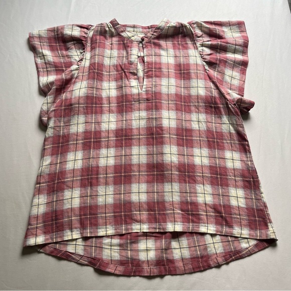 BIRDS OF PARADIS BY TROVATA pink white plaid ruffle sleeve button up shirt - Picture 1 of 7